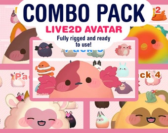 May include: A digital art combo pack featuring a variety of cute, cartoon-style characters. The characters are all different colors and have different expressions. The text "COMBO PACK LIVE2D AVATAR Fully rigged and ready to use!" is displayed at the top of the image.