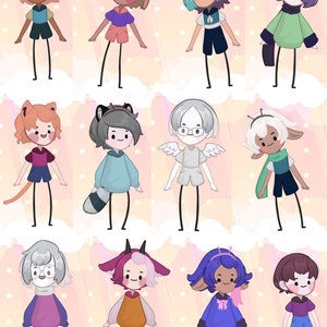 May include: A digital illustration of twelve cartoon characters with different hairstyles, clothing, and accessories. The characters are all standing on a pink and white background with clouds and stars.