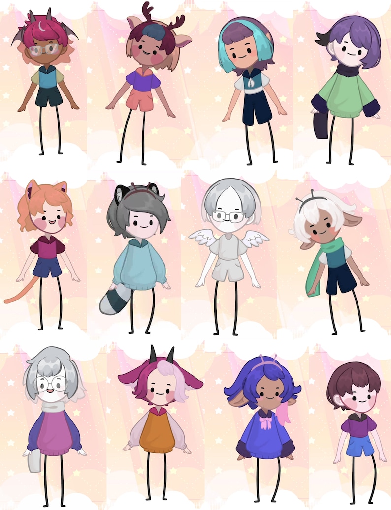 May include: A digital illustration of twelve cartoon characters with different hairstyles, clothing, and accessories. The characters are all standing on a pink and white background with clouds and stars.