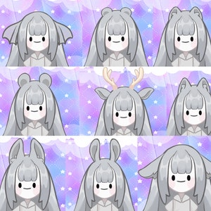 May include: A digital illustration of ten different cartoon characters with various animal ears and hairstyles. The characters are all female and have a light gray skin tone. The background is a purple and blue gradient with white stars.