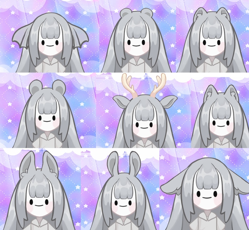 May include: A digital illustration of ten different cartoon characters with various animal ears and hairstyles. The characters are all female and have a light gray skin tone. The background is a purple and blue gradient with white stars.