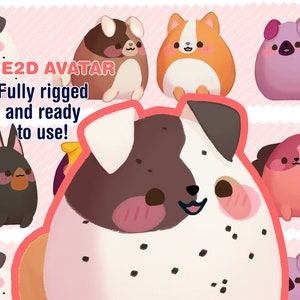 May include: A set of eight cartoon dog avatars, each with a different colour and pattern. The text "LIVE2D AVATAR Fully rigged and ready to use!" is displayed on the image.