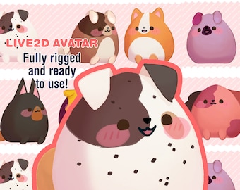 May include: A set of eight cartoon dog avatars, each with a different color and pattern. The text "LIVE2D AVATAR Fully rigged and ready to use!" is displayed on the image.