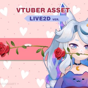May include: A digital illustration of a white-haired anime character with blue eyes and a galaxy-themed outfit. The character is holding a red rose in their mouth. The background is pink with white hearts.