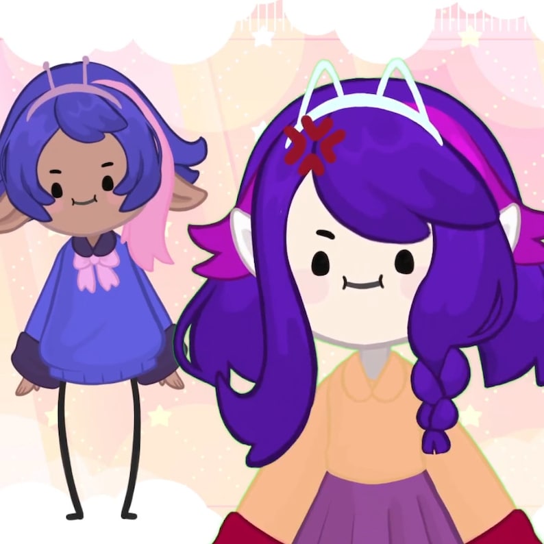 May include: Two cartoon characters, one with blue hair and a pink bow, the other with purple hair and a white headband with cat ears. Both characters are wearing colorful clothing and have a whimsical, cartoon style.