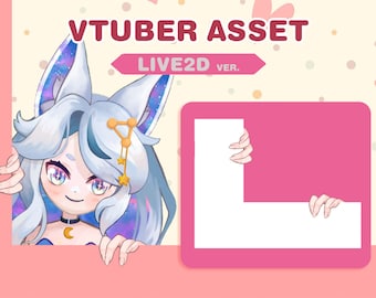 Puede incluir: Una ilustración de dibujos animados de un personaje azul claro y morado con cabello blanco y un accesorio en forma de estrella. El personaje está mirando por encima de una superficie rosa con el texto "VTUBER ASSET LIVE2D VER." arriba.