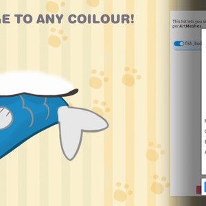 May include: A blue cartoon fish with a white fin on top, against a yellow background with paw prints. The image is from a digital design program, with a color picker tool showing a blue color.
