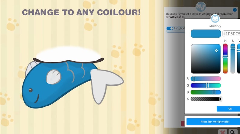 May include: A blue cartoon fish with a white fin on top, against a yellow background with paw prints. The image is from a digital design program, with a color picker tool showing a blue color.