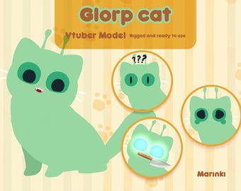 Puede incluir: Un personaje de gato extraterrestre verde con ojos grandes y una boca pequeña. El personaje está etiquetado como "Glorp cat" y "Vtuber Model" con el texto "Rigged and ready to use". La imagen también muestra cuatro expresiones diferentes del personaje.