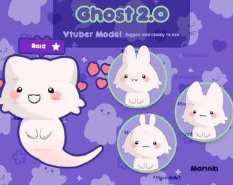 May include: A digital illustration of a ghost character with a pink and white color scheme. The ghost has a friendly expression and is wearing a pink bow. The image includes the text "Ghost 2.0" and "Vtuber Model".