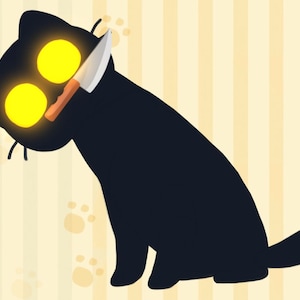 以下が含まれることがあります： 光る黄色い目をした黒い猫のシルエットで、頭からナイフが出ています。猫は薄い黄色の背景に、足跡の模様が描かれています。