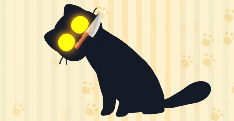 以下が含まれることがあります： 光る黄色い目をした黒い猫のシルエットで、頭からナイフが出ています。猫は薄い黄色の背景に、足跡の模様が描かれています。