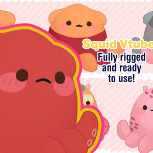 Könnte beinhalten: Ein Set aus fünf bunten Plüschfiguren, jede mit einem einzigartigen Design. Die Figuren sind alle calamari-artig und haben große Augen und süße Gesichtsausdrücke. Der Text "Squid Vtuber Vollständig animiert und einsatzbereit!" wird in der Mitte des Bildes angezeigt.
