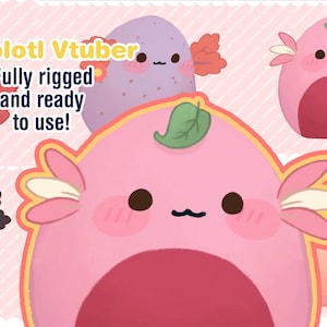 Puede incluir: Axolotl Vtuber: ¡Totalmente equipado y listo para usar! Un conjunto de seis personajes de ajolote rosa, morado y naranja con diferentes expresiones. Los ajolotes son de estilo de dibujos animados y tienen ojos grandes y bocas pequeñas.