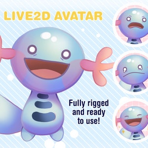 May include: A blue and pink cartoon character with a large head and a long tail. The character is smiling and has a happy expression. The text "LIVE2D AVATAR" is written in yellow letters at the top of the image. The text "Fully rigged and ready to use!" is written in black letters at the bottom of the image.