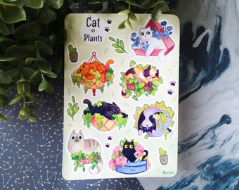 Cat vs Plant Sticker Bogen, Vinyl Planner Sticker