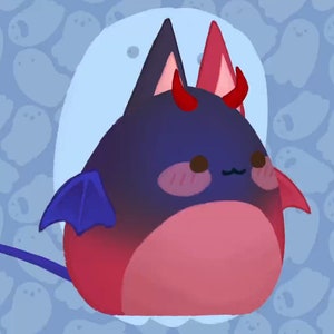 May include: A plush toy shaped like a cat with red horns and blue wings. The toy is a gradient of dark blue to red. The toy is against a background of blue ghosts.