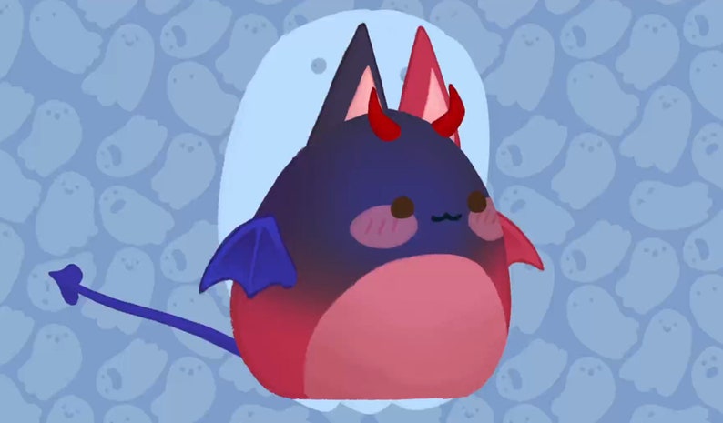 May include: A plush toy shaped like a cat with red horns and blue wings. The toy is a gradient of dark blue to red. The toy is against a background of blue ghosts.
