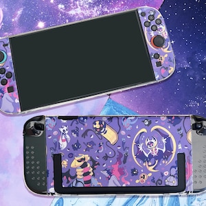 May include: Two Nintendo Switch consoles with custom purple and pink skins featuring cartoon characters. The controllers and console backs are decorated with various illustrations. The background is a galaxy-themed design.