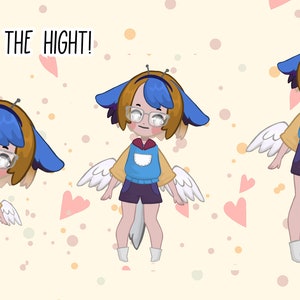 Puede incluir: Tres ilustraciones de un personaje de dibujos animados con cabello azul, orejas amarillas y alas blancas. El personaje lleva gafas, una camiseta amarilla, una camiseta azul y pantalones cortos morados. El texto "CHANGE THE HIGH!" est&aacute; en la parte superior de la imagen.