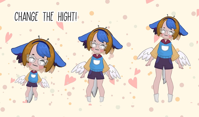 Puede incluir: Tres ilustraciones de un personaje de dibujos animados con cabello azul, orejas amarillas y alas blancas. El personaje lleva gafas, una camiseta amarilla, una camiseta azul y pantalones cortos morados. El texto "CHANGE THE HIGH!" est&aacute; en la parte superior de la imagen.