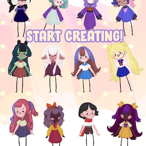May include: A collection of 12 cartoon characters with different hairstyles, clothing, and skin tones. The characters are all standing on a pink background with white stars. The text "START CREATING!" is written in white letters on a black background.