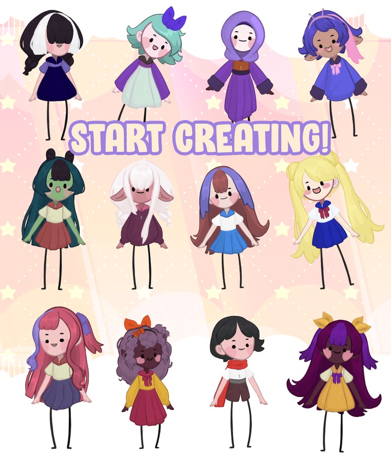 May include: A collection of 12 cartoon characters with different hairstyles, clothing, and skin tones. The characters are all standing on a pink background with white stars. The text "START CREATING!" is written in white letters on a black background.