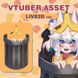 Könnte beinhalten: Ein weißer und blauer Anime-Charakter mit einer Banane auf dem Kopf schaut aus einem schwarzen Mülleimer. Der Charakter hat langes weißes Haar, blaue Augen und trägt ein gelbes und weißes Outfit. Der Text "VTUBER ASSET LIVE2D VER." befindet sich oben im Bild.