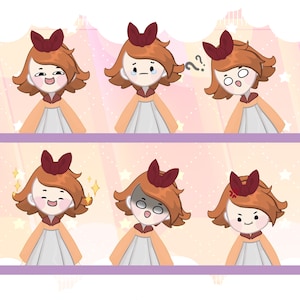 May include: A cartoon illustration of a girl with brown hair and a red bow, expressing different emotions. The girl is wearing a white dress with a peach-colored collar and a peach-colored bow on her chest. The background is a pink and white gradient with stars.