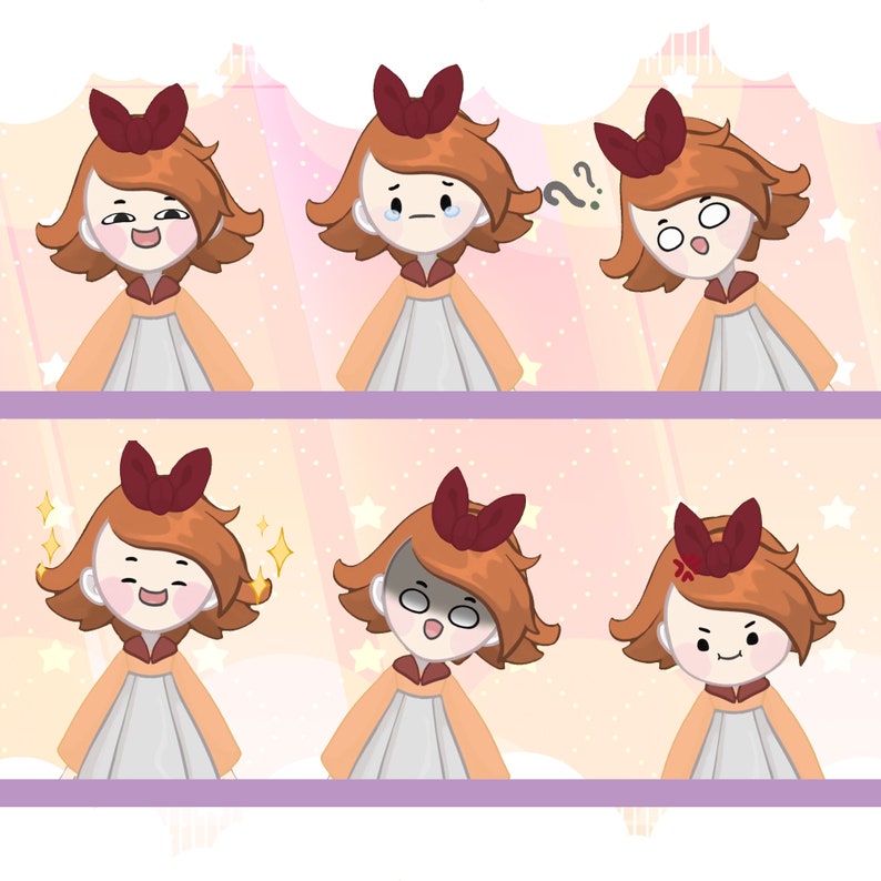 May include: A cartoon illustration of a girl with brown hair and a red bow, expressing different emotions. The girl is wearing a white dress with a peach-colored collar and a peach-colored bow on her chest. The background is a pink and white gradient with stars.