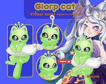 Puede incluir: Ilustración digital de un personaje de gato alienígena verde llamado "Glorp cat". La imagen muestra al personaje en varias poses, sobre un fondo azul, con el texto "Vtuber asset". El personaje tiene ojos grandes y una expresión linda.