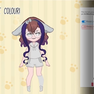 Puede incluir: Una ilustraci&oacute;n digital de un personaje de dibujos animados con cabello morado, que lleva una camisa y pantalones cortos blancos, y zapatos blancos. El personaje tiene una diadema blanca con un lazo rosa. La imagen es parte de un programa de arte digital que permite a los usuarios cambiar el color de la ropa del personaje.