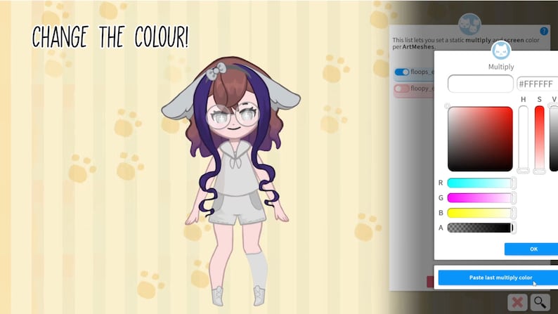 Puede incluir: Una ilustraci&oacute;n digital de un personaje de dibujos animados con cabello morado, que lleva una camisa y pantalones cortos blancos, y zapatos blancos. El personaje tiene una diadema blanca con un lazo rosa. La imagen es parte de un programa de arte digital que permite a los usuarios cambiar el color de la ropa del personaje.