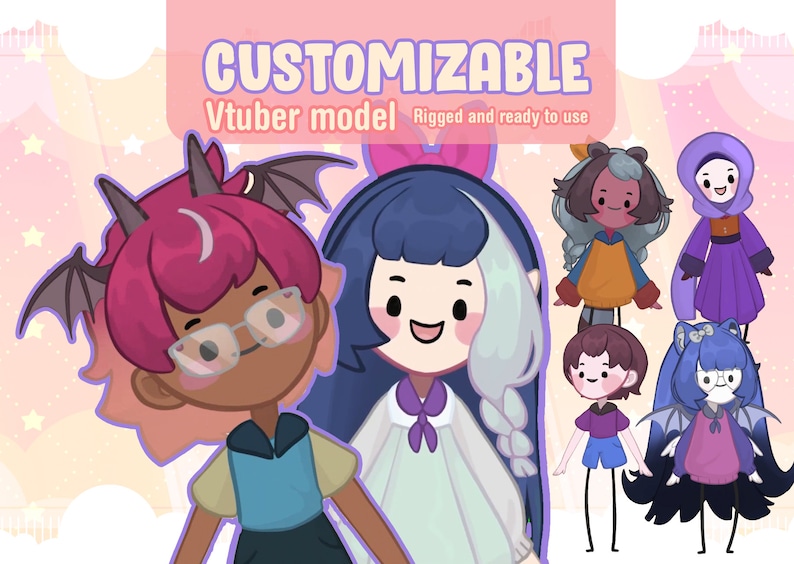 May include: A collection of customizable VTuber models, featuring characters with different hairstyles, clothing, and accessories. The text "CUSTOMIZABLE VTuber model" and "Rigged and ready to use" is displayed at the top of the image.