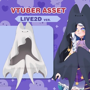 May include: Digital illustration of a VTuber asset featuring a bat-shaped hood and a character with a bat-shaped hood. The text "VTUBER ASSET" and "LIVE2D VER." are displayed. The color palette includes purple, white, and black.