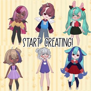Puede incluir: Una colecci&oacute;n de 10 personajes de dibujos animados lindos con diferentes peinados, ropa y accesorios. Los personajes est&aacute;n todos de pie sobre un fondo a rayas amarillo y blanco con huellas de patas. El texto "START CREATING!" est&aacute; en el centro de la imagen.