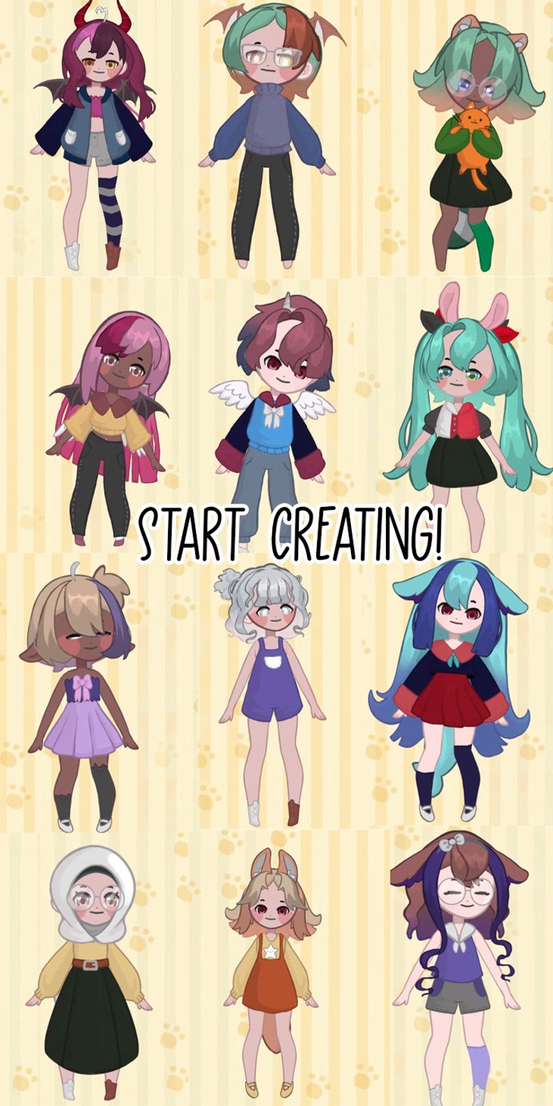 Puede incluir: Una colecci&oacute;n de 10 personajes de dibujos animados lindos con diferentes peinados, ropa y accesorios. Los personajes est&aacute;n todos de pie sobre un fondo a rayas amarillo y blanco con huellas de patas. El texto "START CREATING!" est&aacute; en el centro de la imagen.