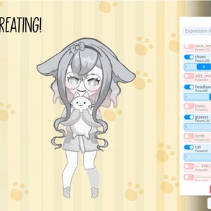 Puede incluir: Una ilustraci&oacute;n digital de un personaje de dibujos animados con orejas de gato y gafas que sostiene un gato blanco. La imagen forma parte de una herramienta de creaci&oacute;n de arte digital con un panel en el lado derecho que permite al usuario personalizar la apariencia del personaje agregando accesorios y ajustando los par&aacute;metros f&iacute;sicos. El panel incluye opciones para agregar calcetines, zapatos, ropa, una diadema, lazos, gafas, dientes y un gato. El panel tambi&eacute;n incluye un control deslizante para ajustar el tama&ntilde;o del gato. El panel est&aacute; etiquetado como "exp3.json".
