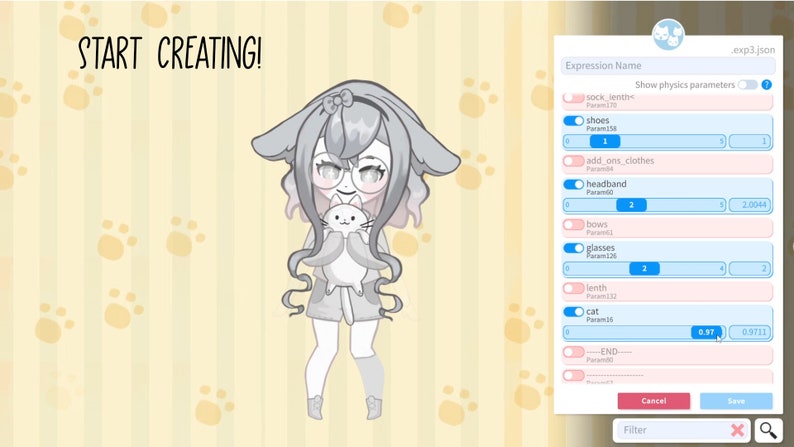 Puede incluir: Una ilustraci&oacute;n digital de un personaje de dibujos animados con orejas de gato y gafas que sostiene un gato blanco. La imagen forma parte de una herramienta de creaci&oacute;n de arte digital con un panel en el lado derecho que permite al usuario personalizar la apariencia del personaje agregando accesorios y ajustando los par&aacute;metros f&iacute;sicos. El panel incluye opciones para agregar calcetines, zapatos, ropa, una diadema, lazos, gafas, dientes y un gato. El panel tambi&eacute;n incluye un control deslizante para ajustar el tama&ntilde;o del gato. El panel est&aacute; etiquetado como "exp3.json".