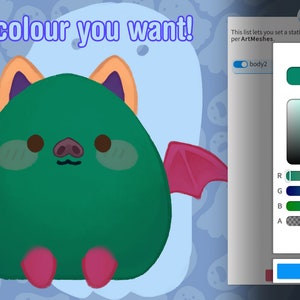 May include: A green, cartoon bat with orange ears, pink wings, and pink feet. The bat is sitting on a light blue background with a white pattern. The text "any colour you want!" is above the bat. A colour picker tool is on the right side of the image.