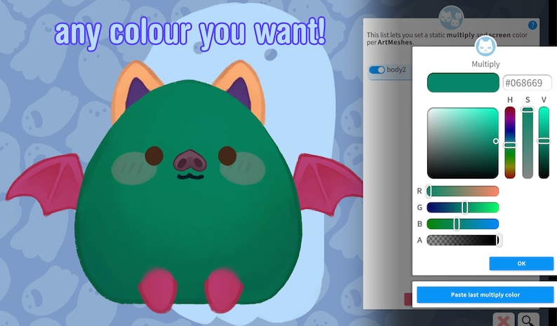 May include: A green, cartoon bat with orange ears, pink wings, and pink feet. The bat is sitting on a light blue background with a white pattern. The text "any colour you want!" is above the bat. A colour picker tool is on the right side of the image.