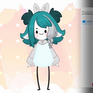 May include: A cartoon illustration of a character with teal hair, a white bow, and a light blue shirt. The character has a white and gray ear and a white and gray braid. The background is a pink and white pattern with stars.