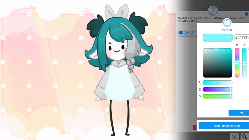 May include: A cartoon illustration of a character with teal hair, a white bow, and a light blue shirt. The character has a white and gray ear and a white and gray braid. The background is a pink and white pattern with stars.