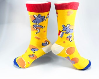 Cute mouse and cheese socks - Cotton Socks EU 38-41, US Men 6 - 9,5, US Women 7,5 - 11,5