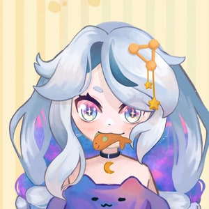 May include: A cartoon illustration of a girl with long, blue and purple hair wearing a purple shirt with a cat face on it. She is holding a small orange fish in her mouth and has a gold star necklace with a crescent moon pendant.