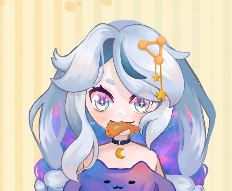 May include: A cartoon illustration of a girl with long, blue and purple hair wearing a purple shirt with a cat face on it. She is holding a small orange fish in her mouth and has a gold star necklace with a crescent moon pendant.