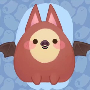 May include: A plush brown bat with large, pink ears and a small, black nose. The bat is wearing a brown costume with a white face and has a light blue background with a pattern of white ghosts.