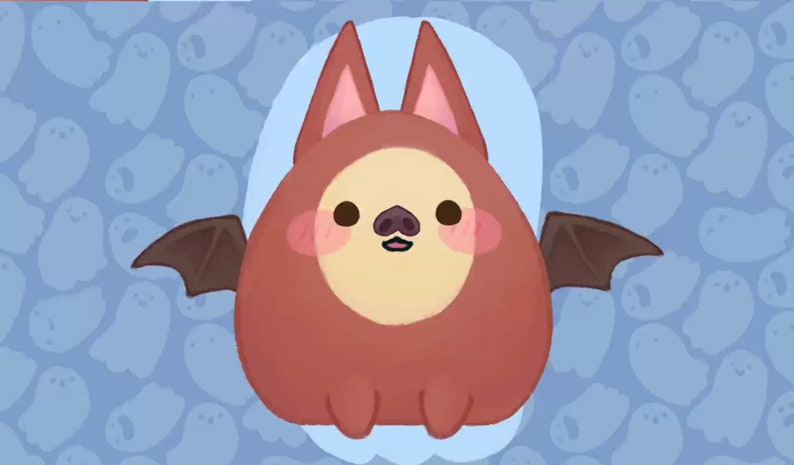 May include: A plush brown bat with large, pink ears and a small, black nose. The bat is wearing a brown costume with a white face and has a light blue background with a pattern of white ghosts.
