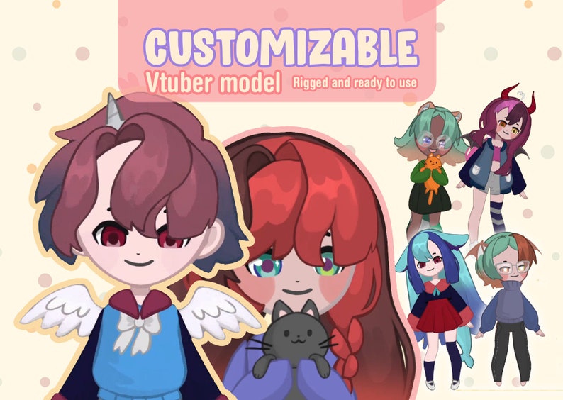 Puede incluir: Una colecci&oacute;n de modelos VTuber personalizables, cada uno con caracter&iacute;sticas y accesorios &uacute;nicos. Los modelos est&aacute;n rigidos y listos para usar.  Los modelos incluyen un personaje de cabello rojo sosteniendo un gato negro, un personaje de cabello azul con un vestido rojo, un personaje de cabello verde con un gato marr&oacute;n, un personaje de cabello verde con gafas y un personaje de cabello rojo con cuernos y una camisa azul.