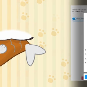 May include: A cartoon fish with a white top fin and orange body. The fish is on a yellow background with paw prints. A color picker tool shows the color #C56F1D, which is a dark orange.